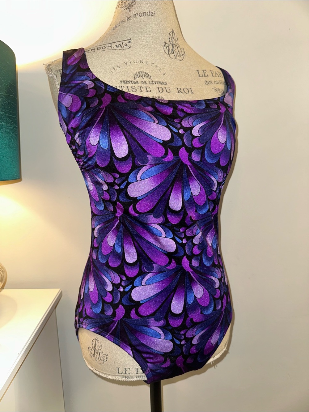 Longitude Purple Multi One-Piece Tank Swimsuit Cross Strap Back 12 EXCELLENT!